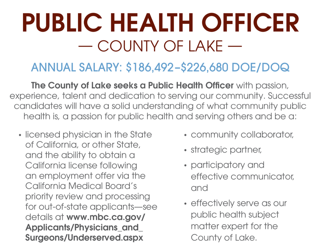 Public Health Officer County of Lake